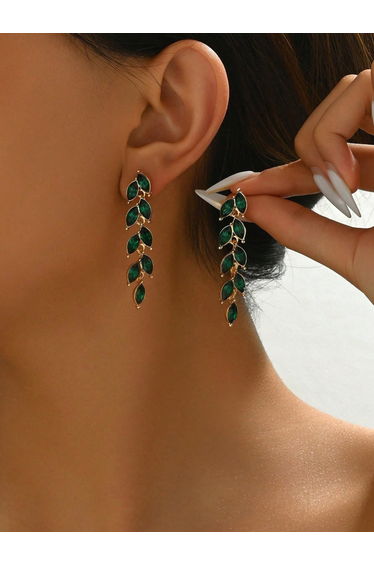 Women Rhinestone Leaf Decor Earrings