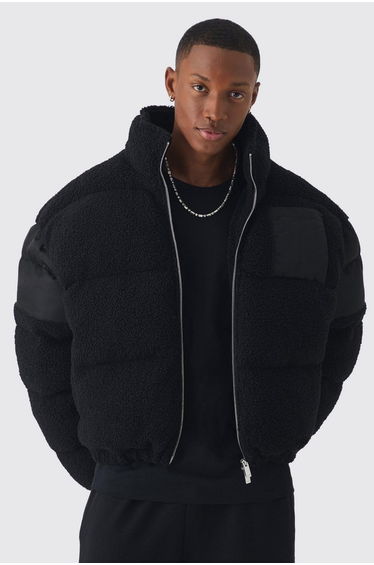 Borg & Nylon Funnel Neck Puffer In Black - black