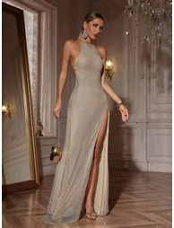 فستان ماكسي بياقة هالتر بفتحة بأحجار الراين - 3