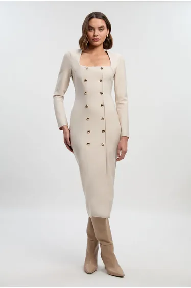 Figure Form Woven Mix Military Button Blazer Knit Midi Dress
