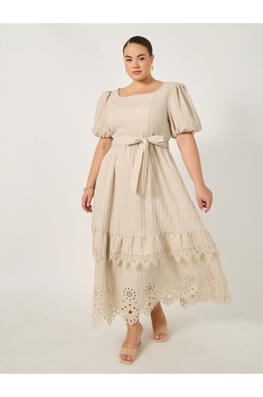 Plus Cream Maxi Dress with Cut-Out Pattern