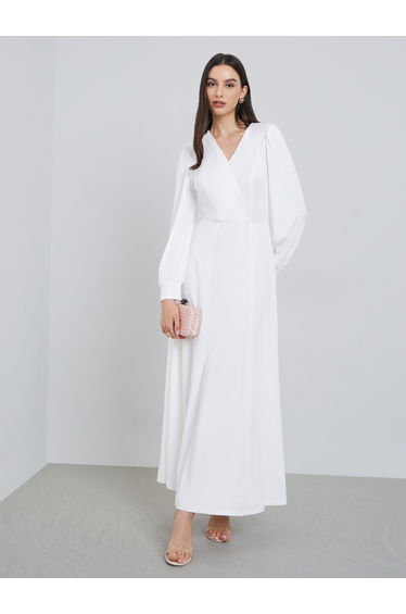 White Balloon Sleeve A-Line Maxi Dress