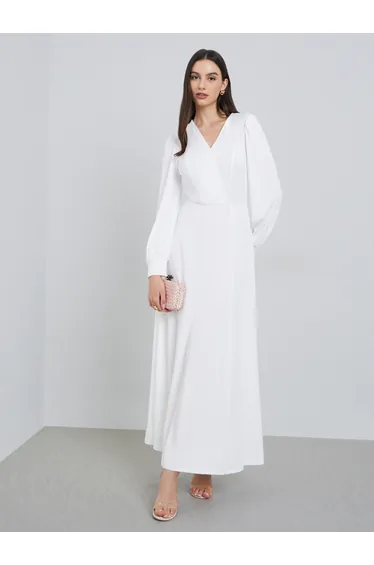 White Balloon Sleeve A-Line Maxi Dress