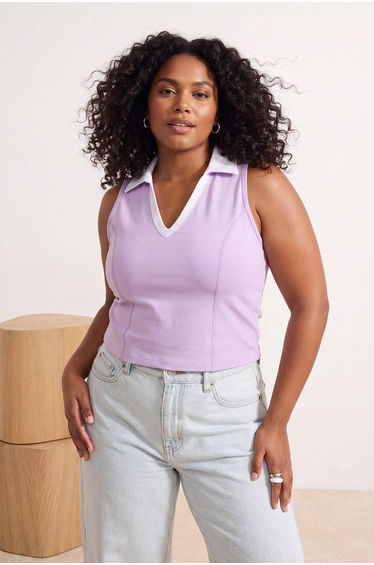Lilac Polo Neck Diver/Scuba Crop Knitted Plus Size Sports Top