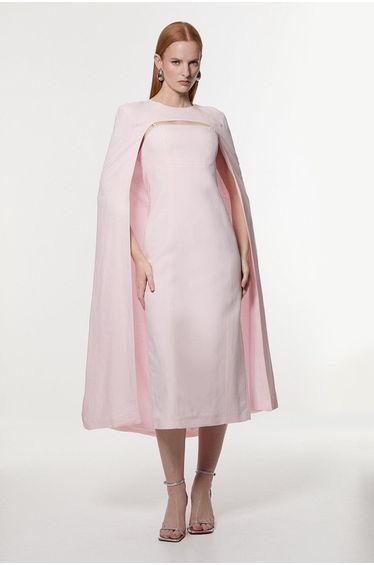 Premium Tailored Linen Drama Cape Midi Dress