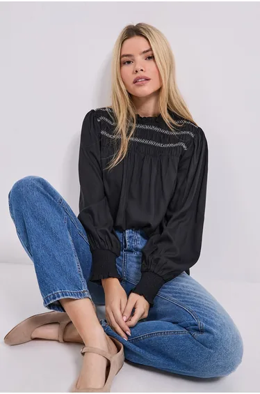 Contrast Stitching Shirred Yoke Long Sleeve Blouse