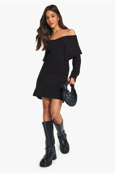 Soft Knit Oversized Collar Off The Shoulder Jumper Dress - black
