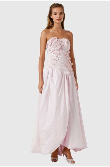 Batsheva Strapless Flower Ruch Puffy Maxi Dress