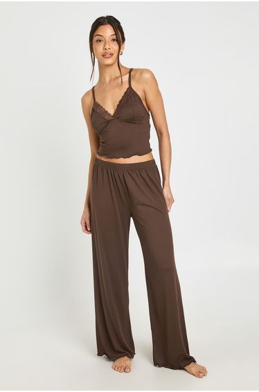 Jersey Lace Trim Cami & Trouser Pyjama Set - chocolate