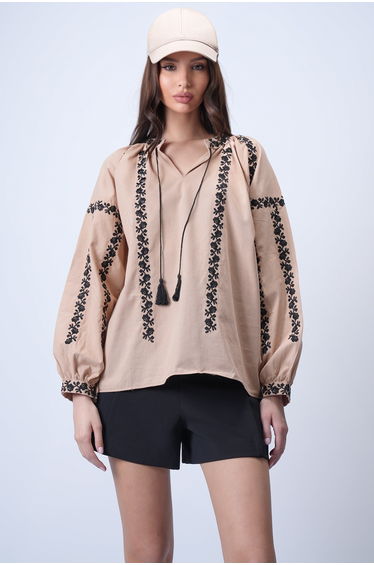 Women's Milk Coffee Color High Collar Balloon Sleeve Embroidered Woven Blouse