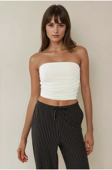 Strapless Ruffle Drape Crop Top
