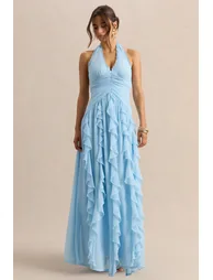 Bea | Powder Blue Plunge-Neck Ruffled Maxi Dress - 4