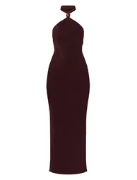 Dark Chocolate Slinky Bead Detail Halter Maxi Dress - 4
