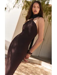Dark Chocolate Slinky Bead Detail Halter Maxi Dress - 2