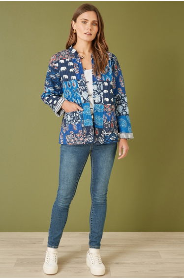 Yumi Blue Indian Patchwork Print Reversible Cotton Quilted Jacket