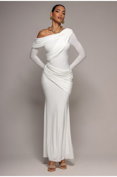 Off Shoulder Gathered Panel Soft Touch Maxi Dress - White by Goddiva