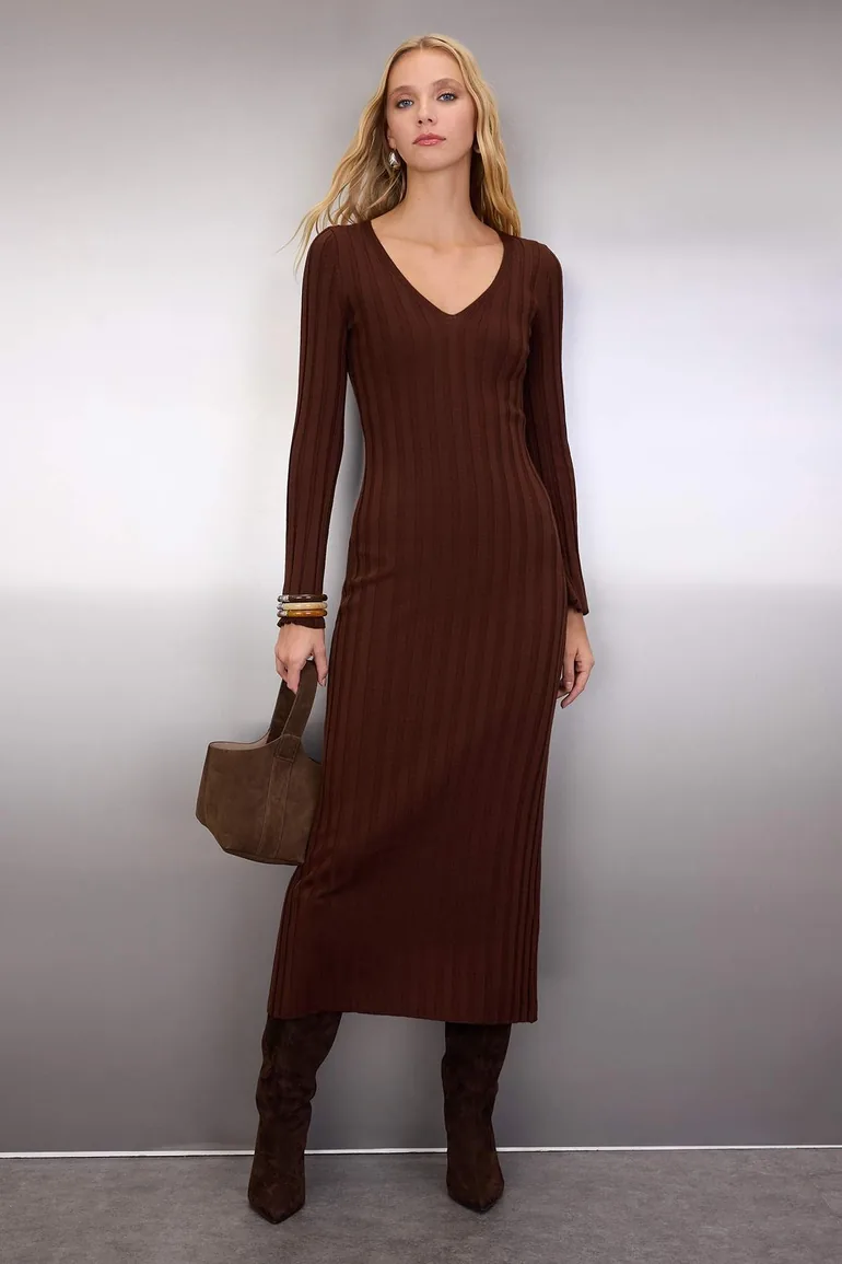 Brown Plain Maxi Brochure Detailed Maxi Knitwear Long Dress
