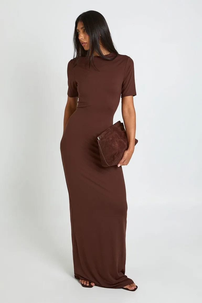 Tall Basic Short Sleeve Maxi Dress - chocolate - 1