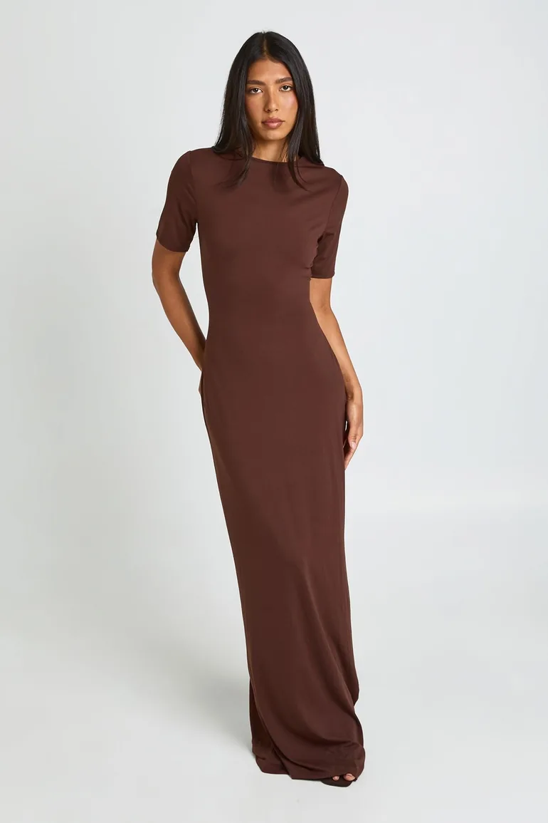 Tall Basic Short Sleeve Maxi Dress - chocolate