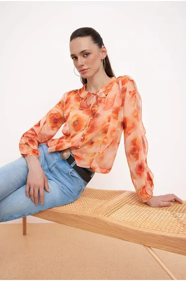 Orange-Multicolor Floral Ruffle Detailed Flowy Shirt