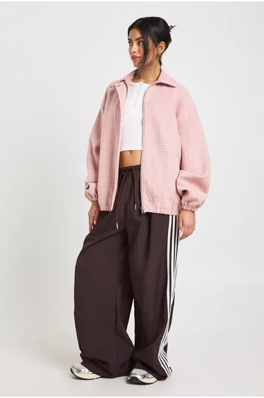 Houndstooth Print Wool Look Bomber Jacket - pink