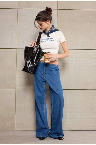 Blue Drained Tencel Blended Waist Detailed Regular Waist Wide Leg Jeans