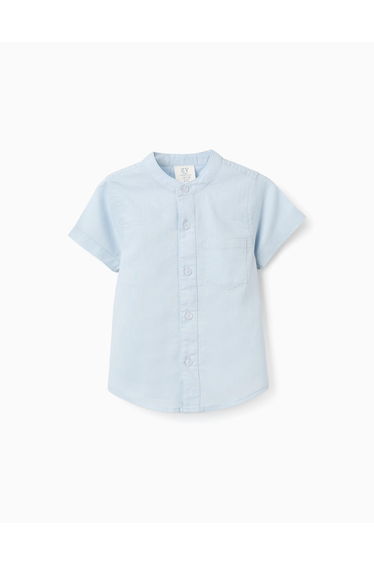 Linen And Cotton Short Sleeve Shirt With Pocket For Baby Boys, Light Blue