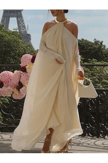 Long Sleeves Loose Solid Color Halter-Neck Maxi Dresses