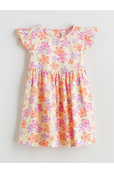 Girls' floral dress with a crew neck.