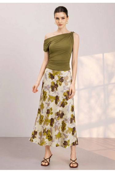 Painted Bloom Satin Flare Maxi Skirt in Ivory for Coastal Resort & Sunset Shooting