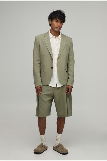 Linen Look Wide Fit Pleat Front Tailored Jorts - olive