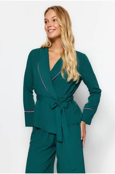 Emerald Green Piping Detailed Double-breasted Viscose Shirt-Pant Woven Pajamas Set