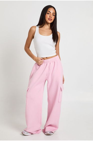 Washed Mid Rise Cargo Straight Leg Jogger - light pink