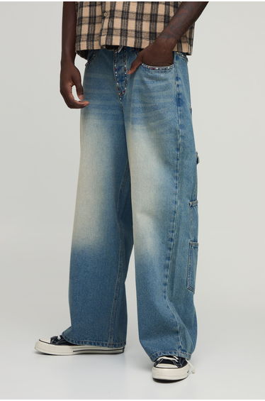Embellished Trim Multi Pocket Baggy Jeans - vintage blue