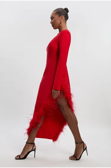 فستان ماكسي محبوك بنمط شرائح بحواف ريش - للمقاسات الكبيرة