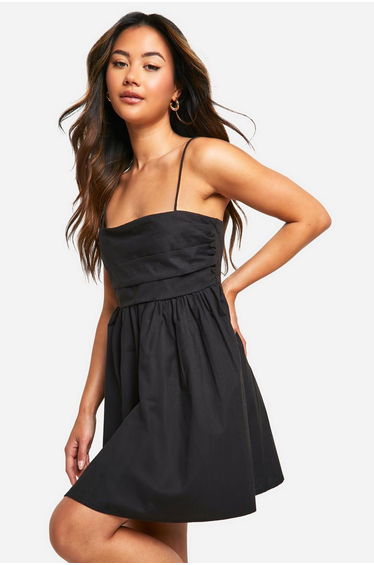 Cotton Poplin Ruched Mini Dress - black