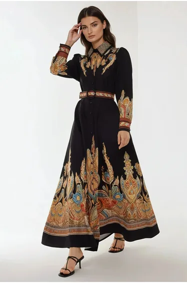 Printed Long Sleeve Maxi Dress with Belt