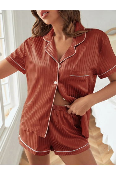 Rust Striped Pattern Piping Shirt and Shorts Set