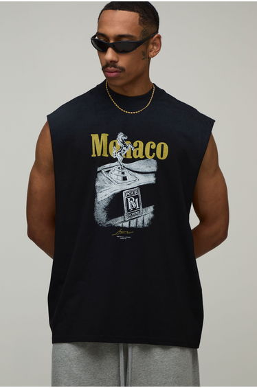 Black Oversized Monaco Print Spray Wash Tank - black