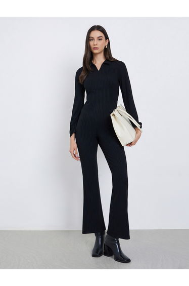 Black Ribbed Flared Jumpsuit