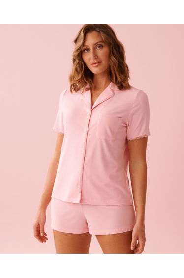 Ribbed Modal and Lace Trim Button-down Shirt