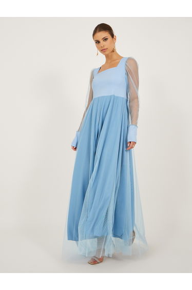 Mesh Square Neck Cuffed Long Sleeves A-Line Maxi Dress