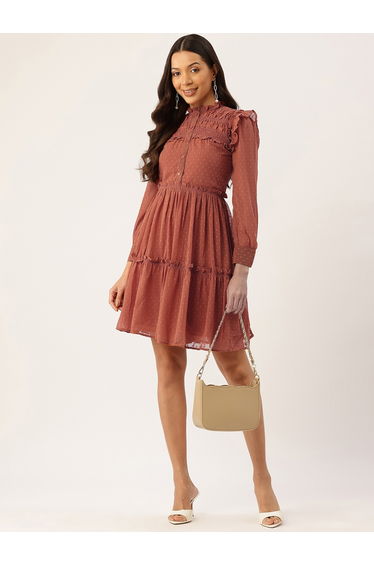 Women Rust Ruffled Chiffon Ruffled Detail Mini Dress