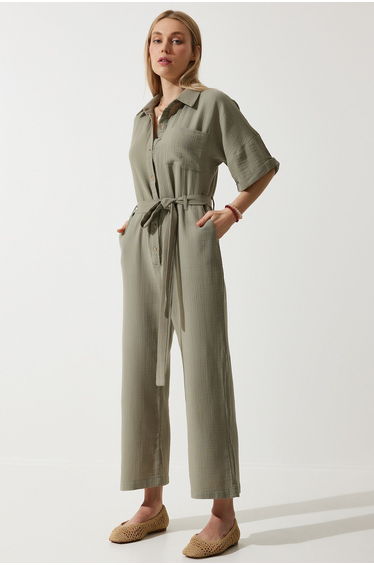Women's Khaki Premium Belted Muslin Jumpsuit