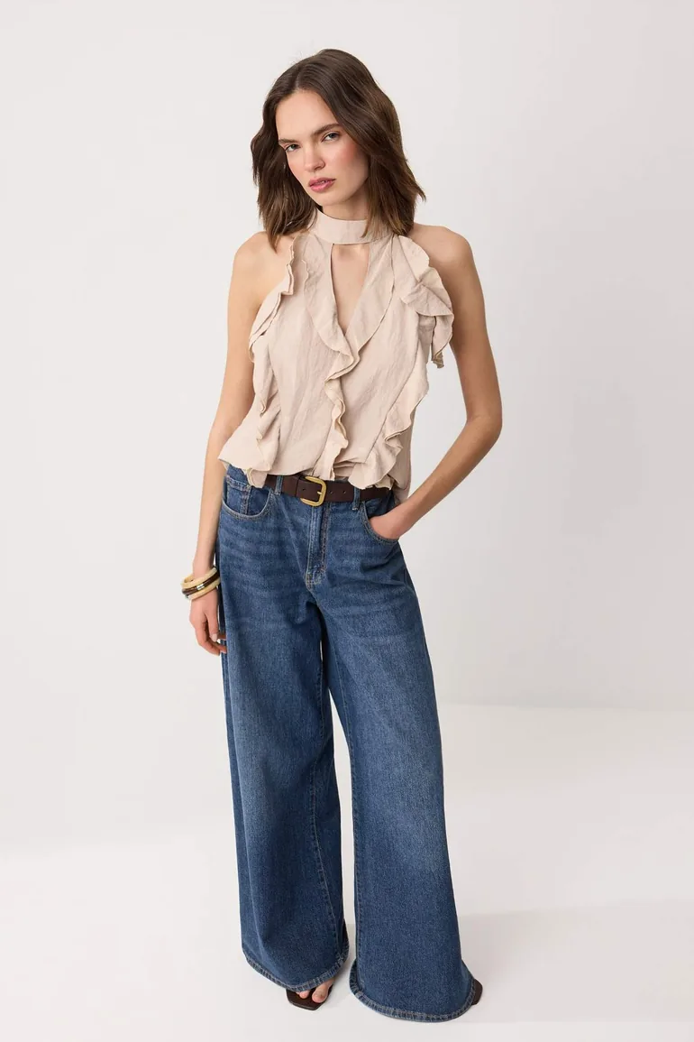 Cream Ruffle Detailed Stylish Woven Blouse - 1