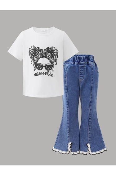 Girl Graphic Print T-Shirt and Flared Jeans Set