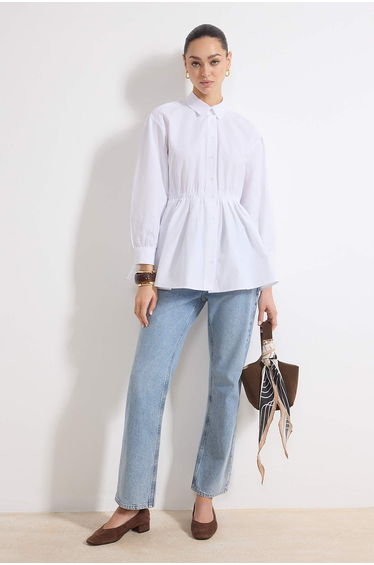 White Fitted Terry Cotton Striped Woven Waistband Elastic Detail Hijab Shirt