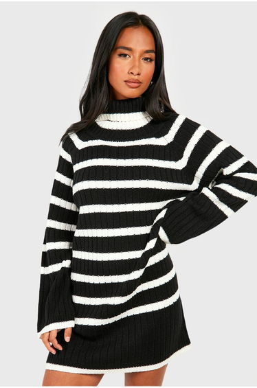 Petite Roll Neck Wide Sleeve Stripe Jumper Dress - black