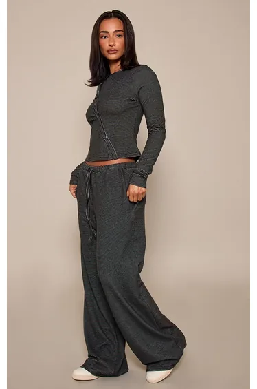 Petite Black Stripe Ribbed Elasticated Waist Wide Leg Trousers