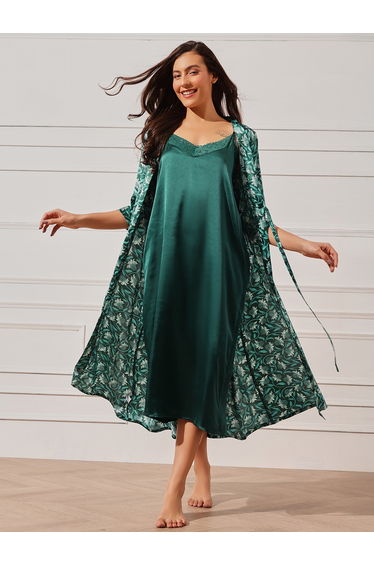 Pack of 2 - Solid Satin Slip Dress and Floral Robe Set